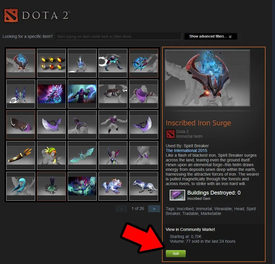 Выставленные на продажу предметы Dota 2