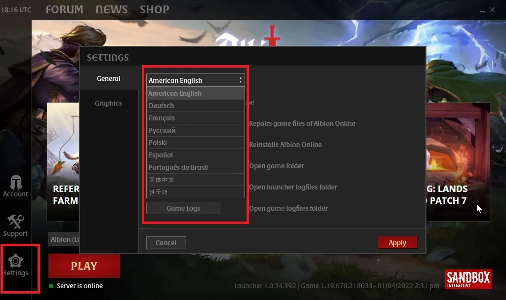 Как изменить язык в Albion Online