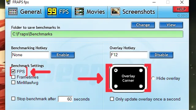 Флажок FRAPS FPS и направляющая Overlay Corner