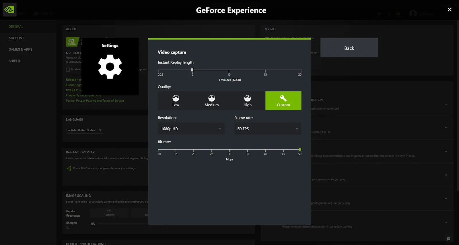 Некоторые параметры захвата видео, представленные в GeForce Experience.