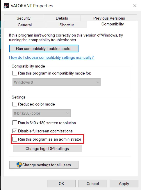 Свойства Valorant для запуска от имени администратора