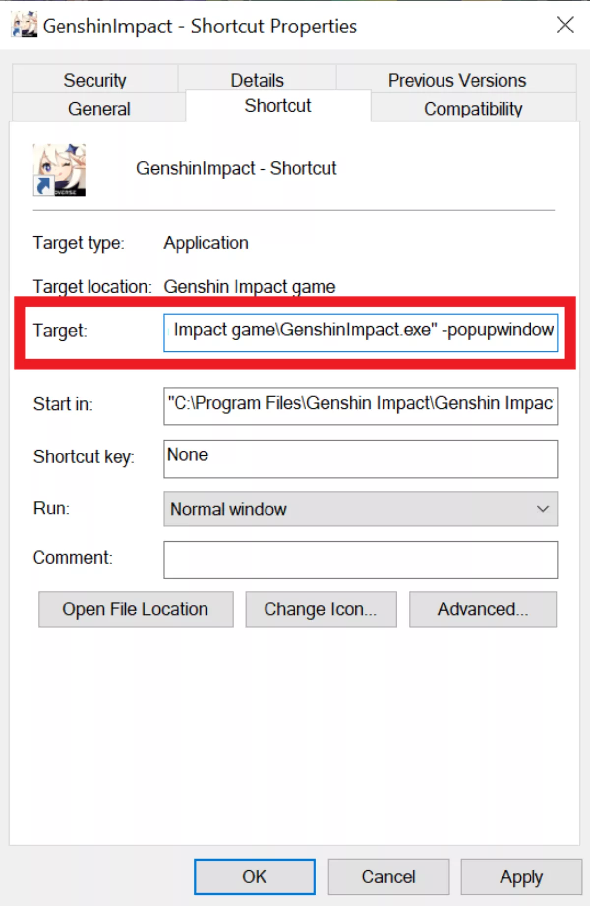 Добавление свойства popupwindow в ярлык Genshin Impact