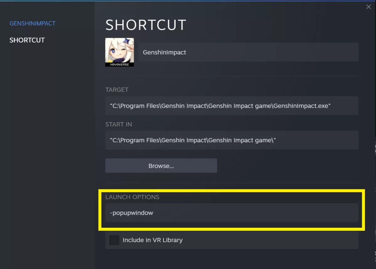 Добавление режима всплывающего окна в ярлык Steam Genshin Impact
