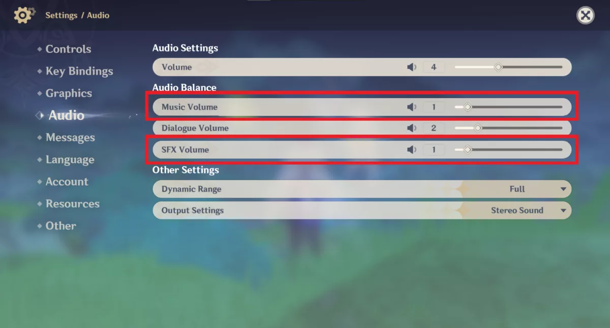 Изменение громкости музыки и громкости SFX в Genshin Impact