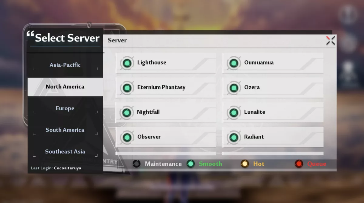 Экран выбора сервера в Tower of Fantasy для ПК и мобильных устройств.