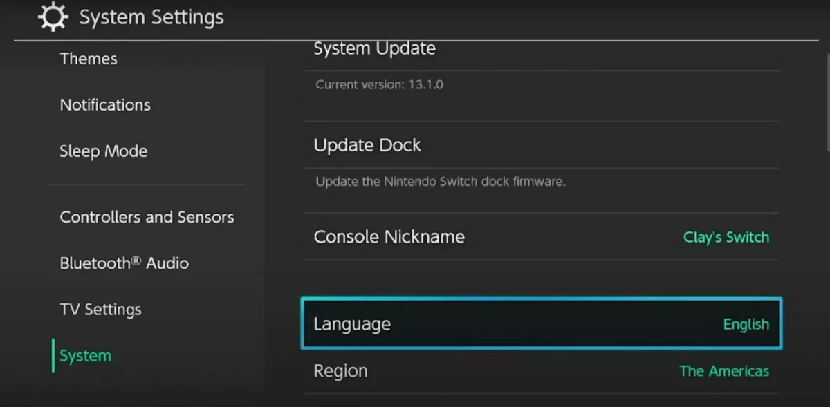 Опция Nintendo Switch для изменения языка.