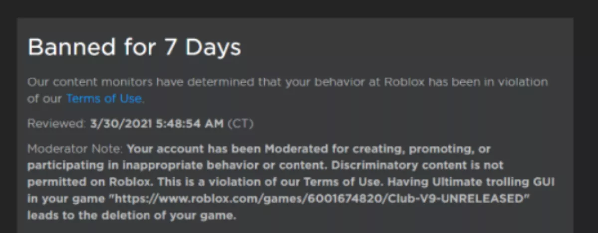 Roblox забанен на 7 дней