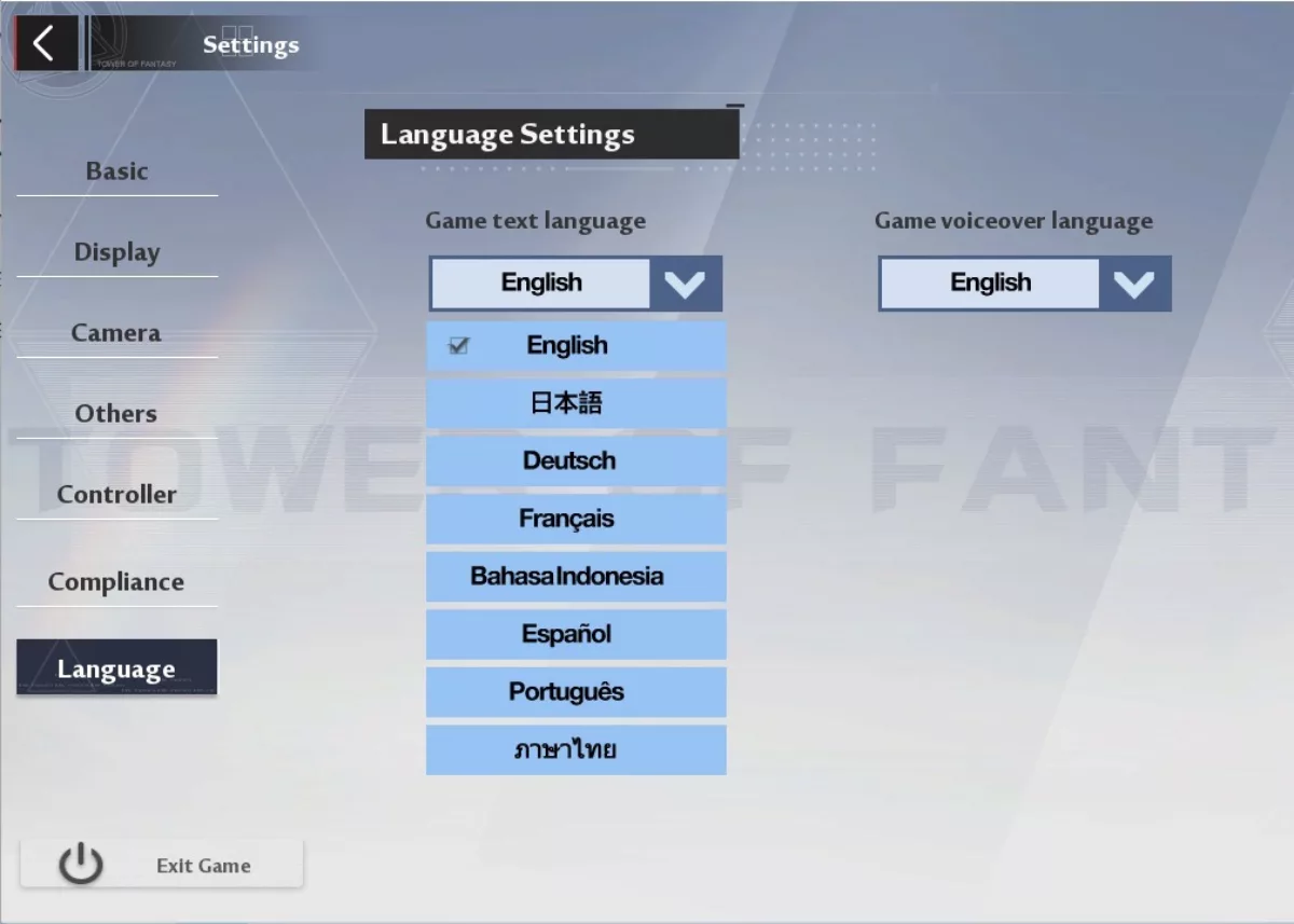 Где изменить язык текста в Tower of Fantasy.