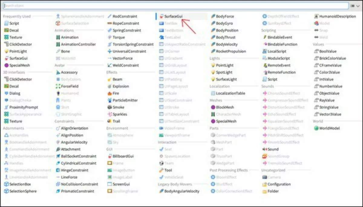 Графический интерфейс Roblox Add Surface
