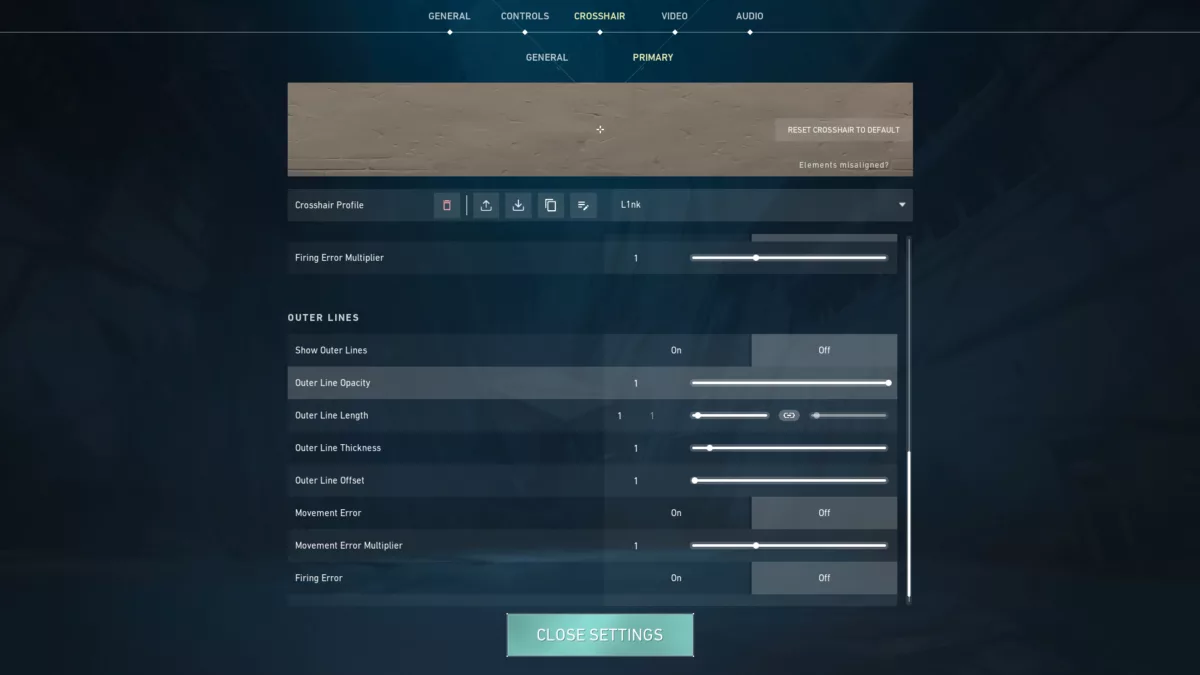 Настройки внешних линий прицела L1nk Valorant