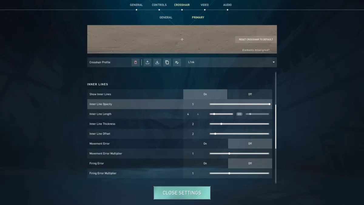 Настройки внутренних линий прицела L1nk Valorant