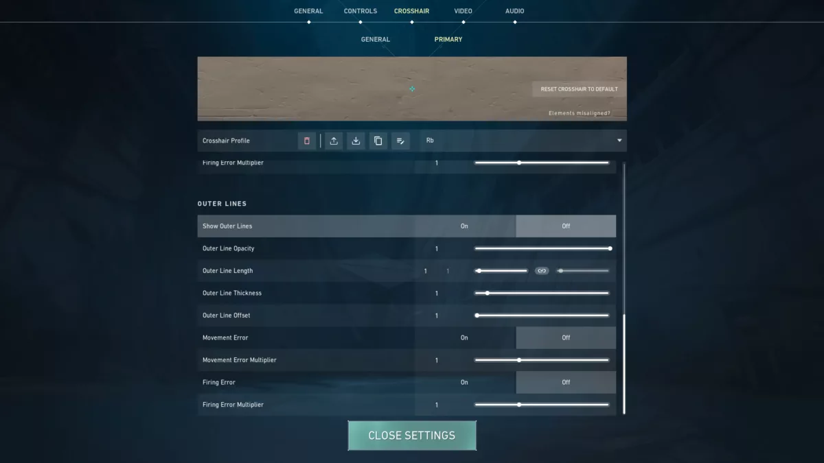 Настройки внешней линии прицела Rb Valorant