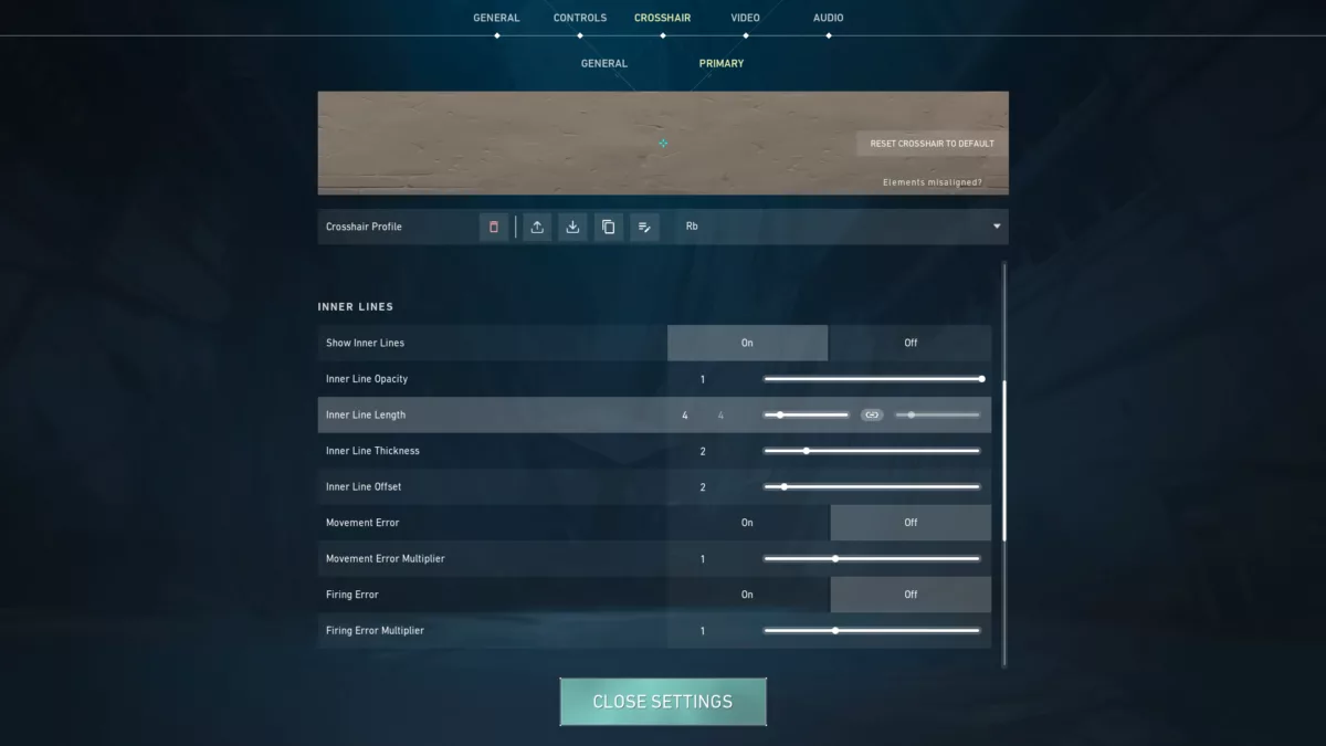 Настройки внутренней линии прицела Rb Valorant
