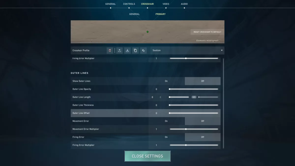 Настройки внешних линий прицела Soulcas Valorant