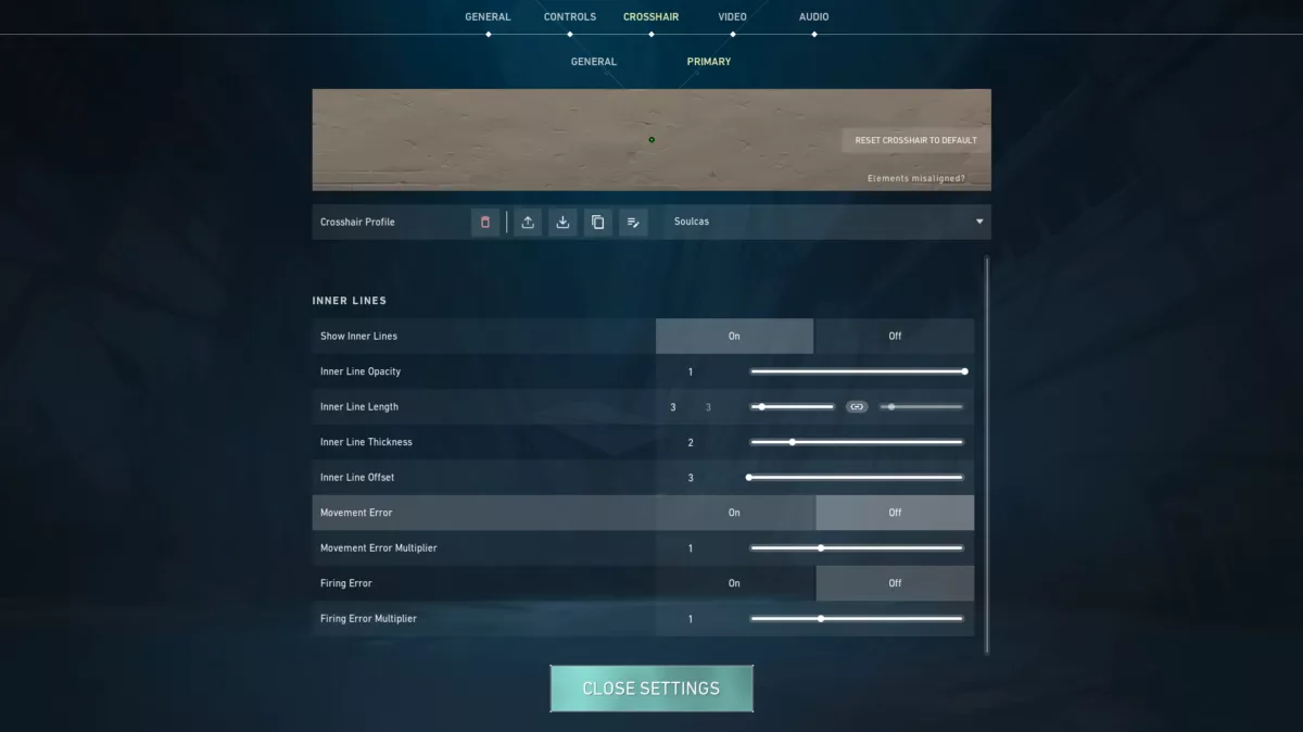 Настройки внутренних линий прицела Soulcas Valorant