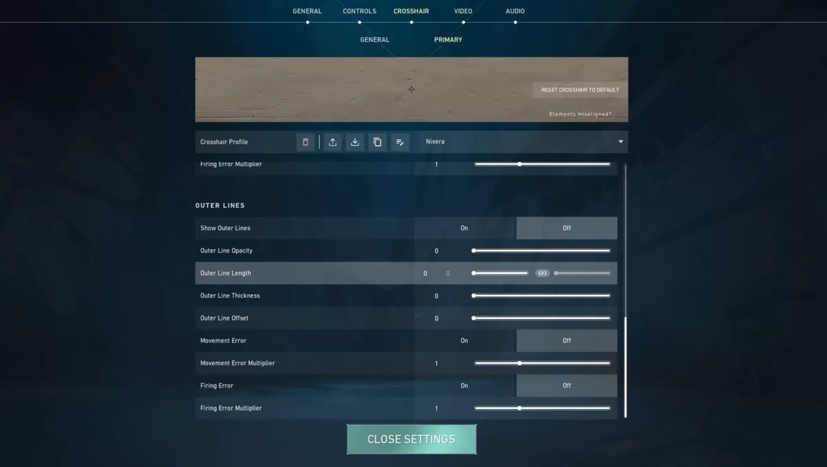 Настройки внешней линии прицела Nivera Valorant